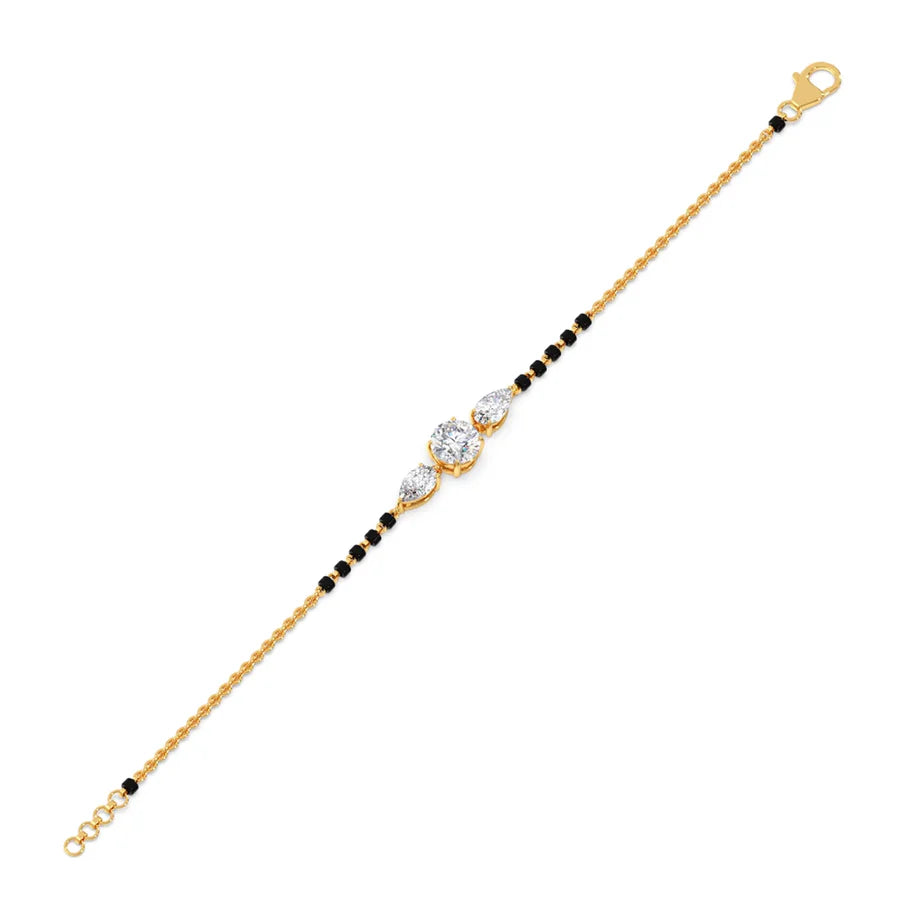 Mangalsutra Bracelet with Round and Pear Diamonds – Black Beads & Gold Chain