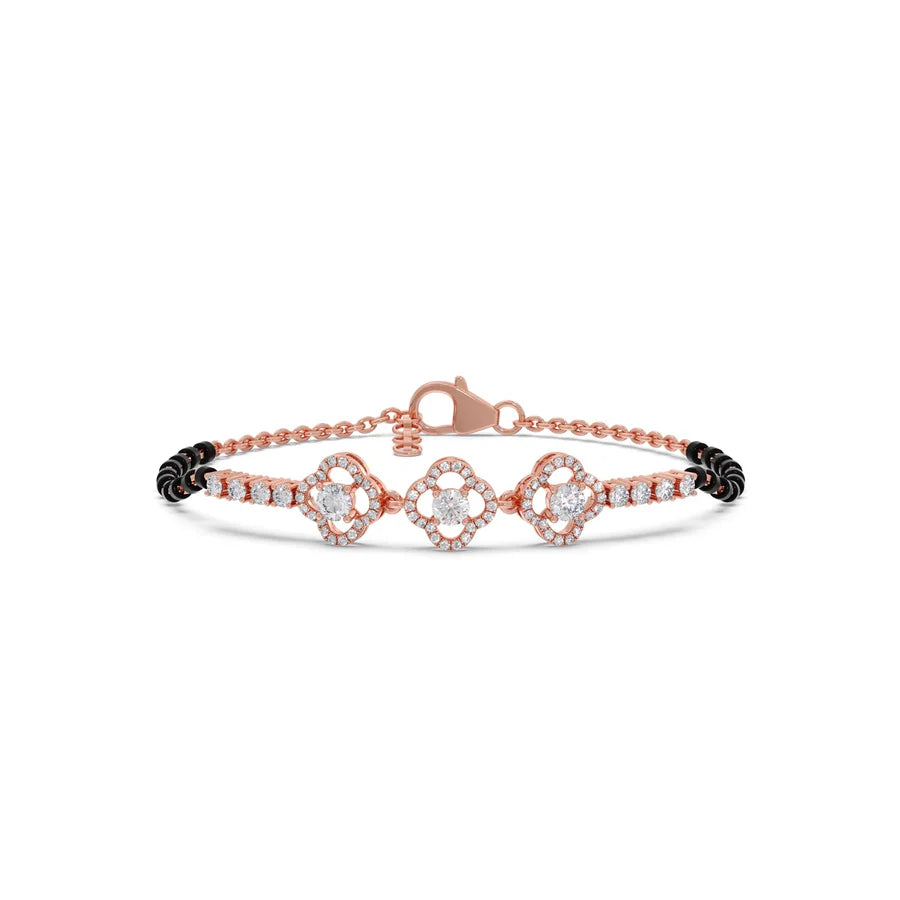 Floral Diamond Mangalsutra Bracelet – Yellow Gold Chain with Black Beads