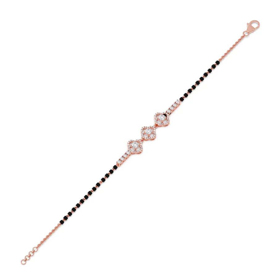 Floral Diamond Mangalsutra Bracelet – Yellow Gold Chain with Black Beads