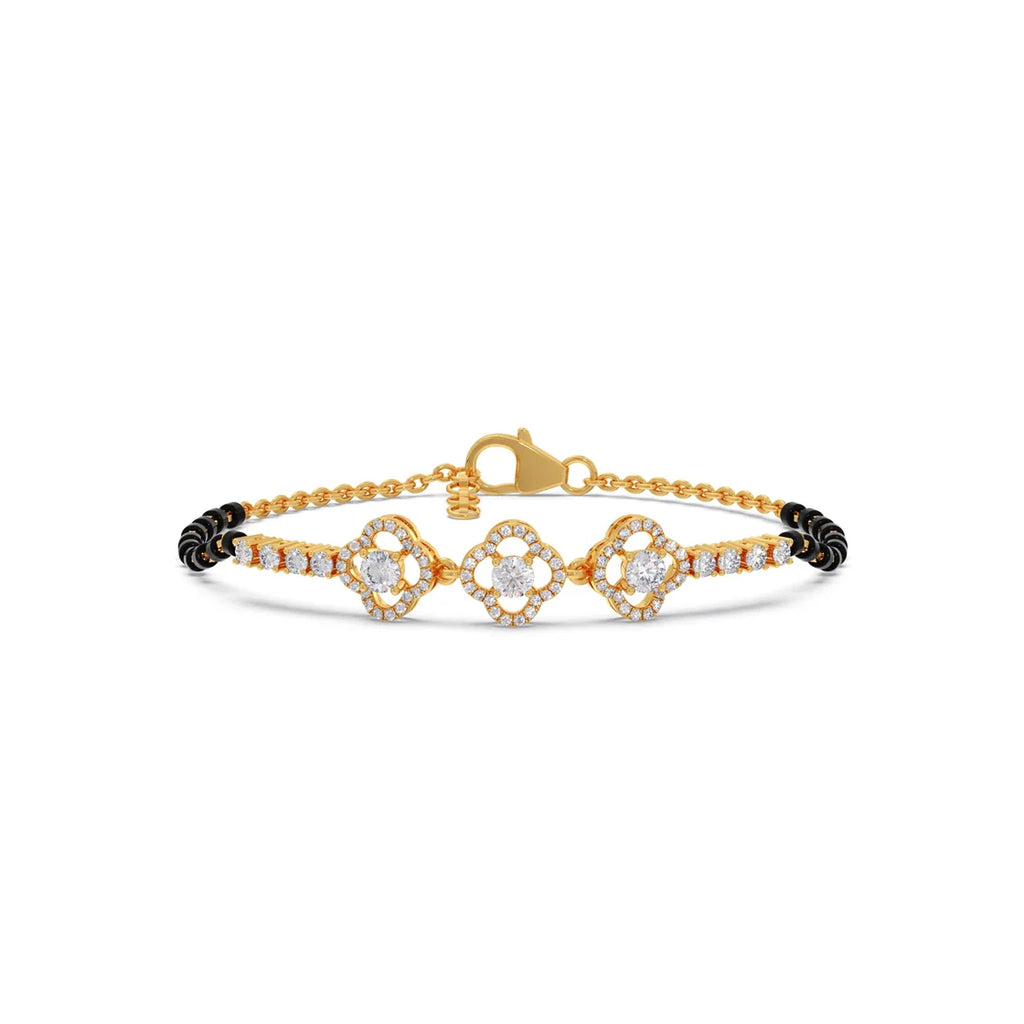 Floral Diamond Mangalsutra Bracelet – Yellow Gold Chain with Black Beads