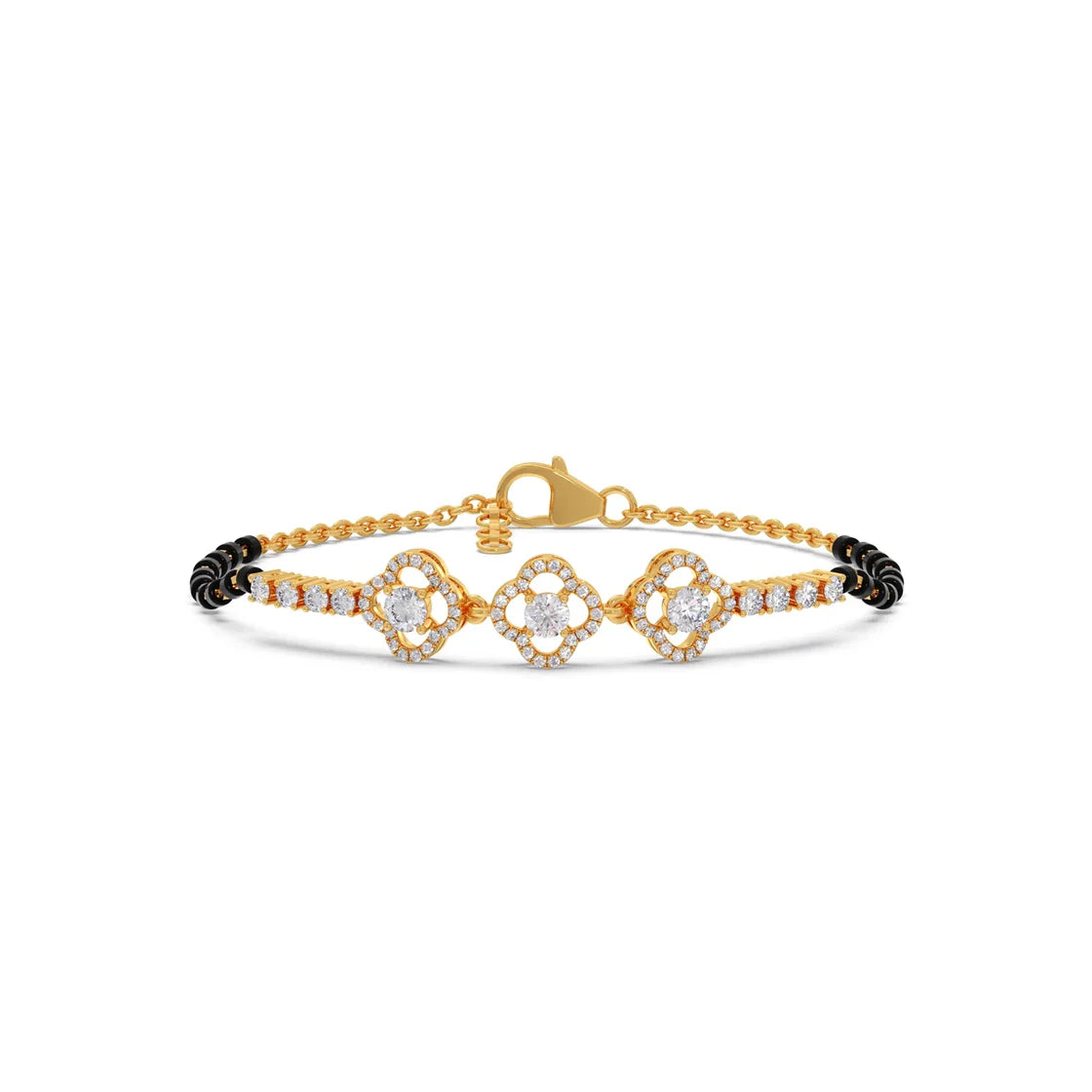 Floral Diamond Mangalsutra Bracelet – Yellow Gold Chain with Black Beads