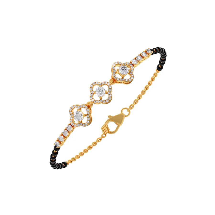 Floral Diamond Mangalsutra Bracelet – Yellow Gold Chain with Black Beads