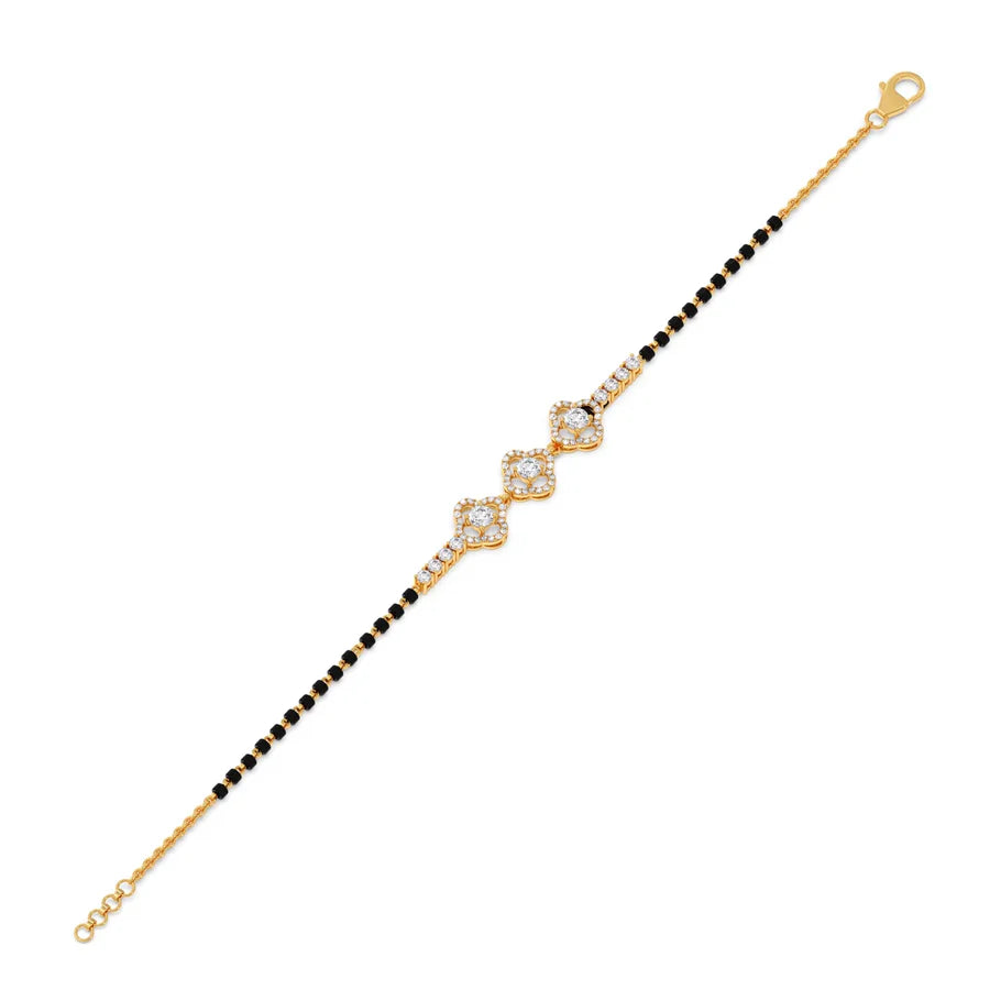 Floral Diamond Mangalsutra Bracelet – Yellow Gold Chain with Black Beads