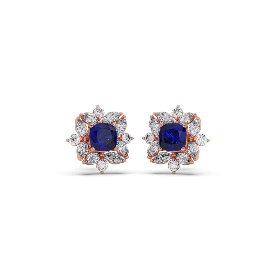 Blue Sapphire Floral Diamond Stud Earrings – Real Gold Elegant Jewelry