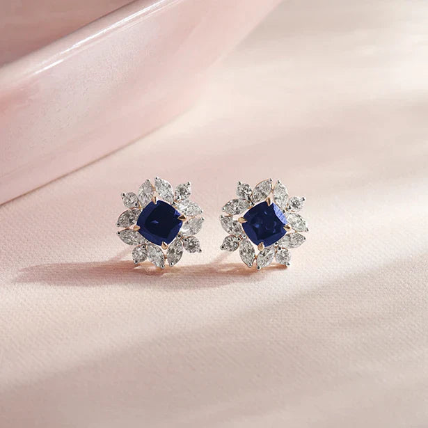 Blue Sapphire Floral Diamond Stud Earrings – Real Gold Elegant Jewelry