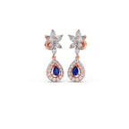 Blue Sapphire Floral Drop Earrings in Yellow Gold – Teardrop Halo Design