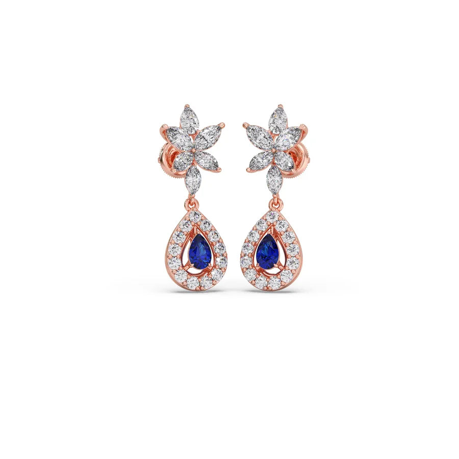 Blue Sapphire Floral Drop Earrings in Yellow Gold – Teardrop Halo Design