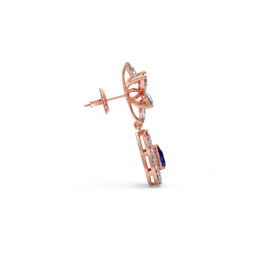 Blue Sapphire Floral Drop Earrings in Yellow Gold – Teardrop Halo Design