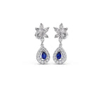 Blue Sapphire Floral Drop Earrings in Yellow Gold – Teardrop Halo Design