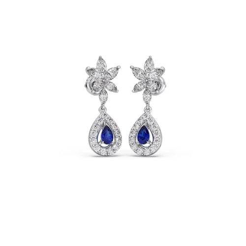 Blue Sapphire Floral Drop Earrings in Yellow Gold – Teardrop Halo Design