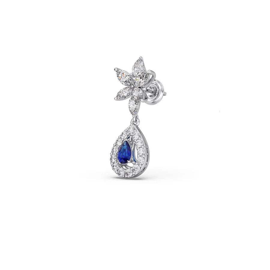 Blue Sapphire Floral Drop Earrings in Yellow Gold – Teardrop Halo Design