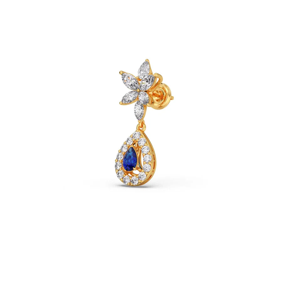 Blue Sapphire Floral Drop Earrings in Yellow Gold – Teardrop Halo Design