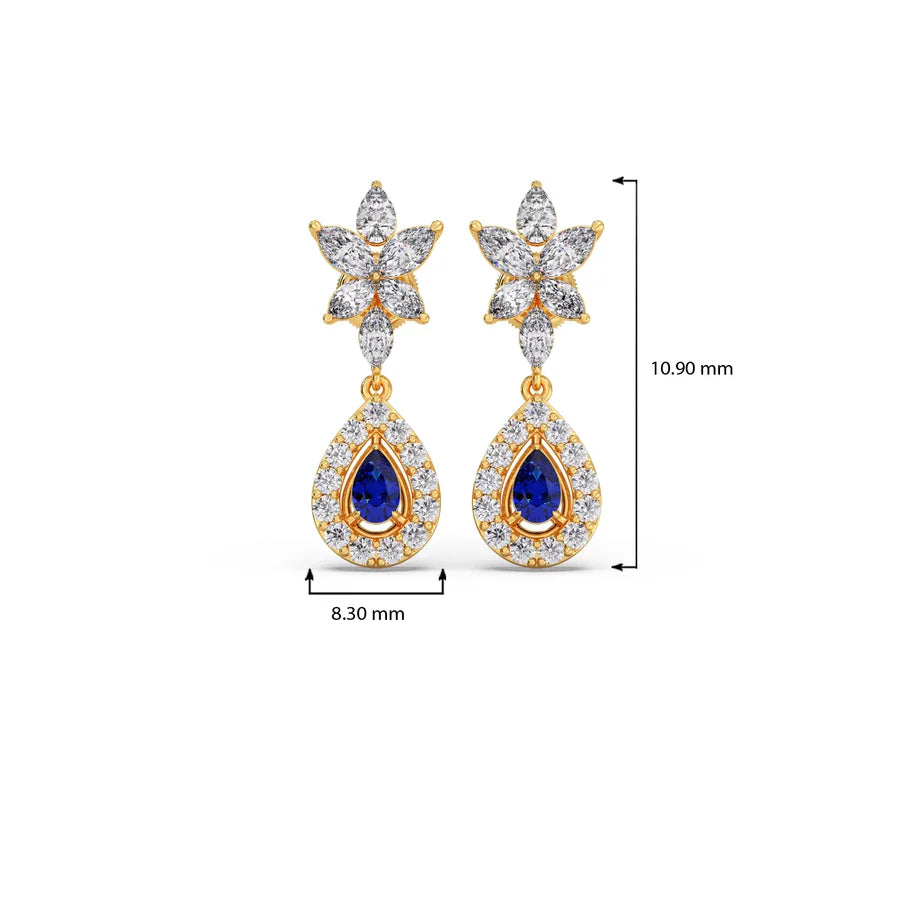 Blue Sapphire Floral Drop Earrings in Yellow Gold – Teardrop Halo Design