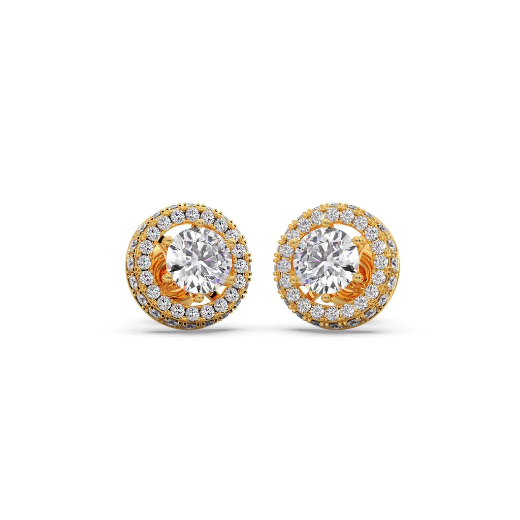 Double Halo Round Stud Diamond Earrings – Yellow Gold