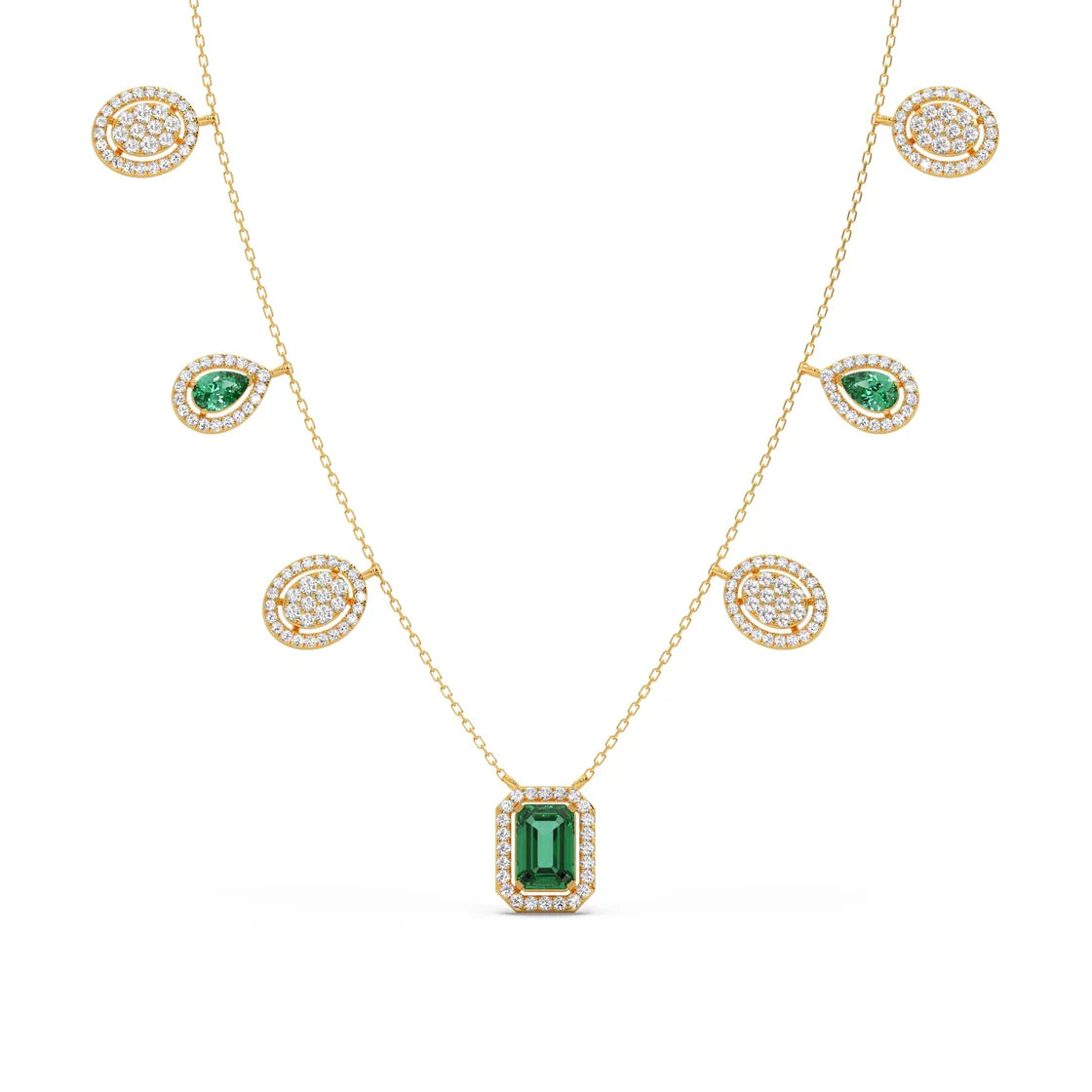 Emerald & Diamond Drop Necklace – Luxury Gold Chain with Green and White Stones