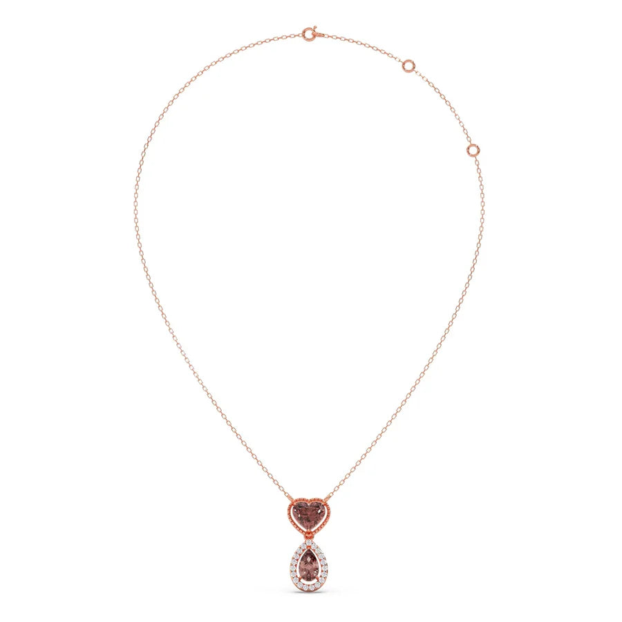 Brown Heart & Drop Pendant Necklace – Double Stone Gold Chain with Diamond Halo