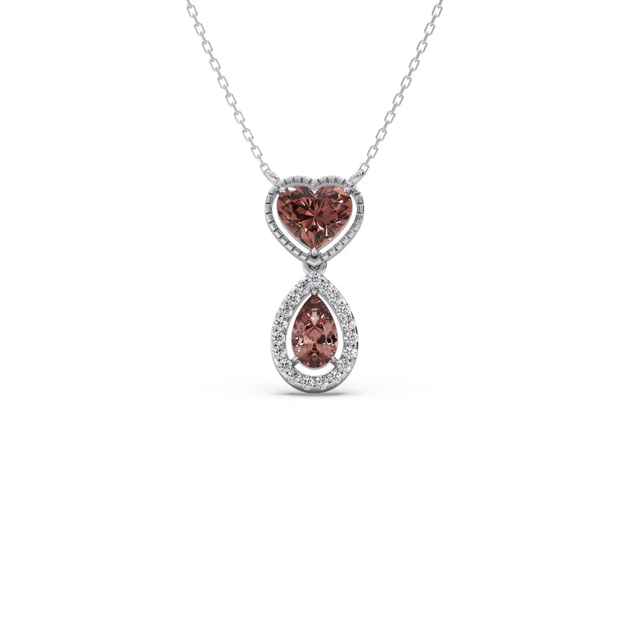 Brown Heart & Drop Pendant Necklace – Double Stone Gold Chain with Diamond Halo