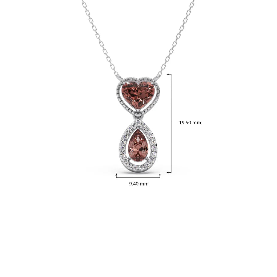 Brown Heart & Drop Pendant Necklace – Double Stone Gold Chain with Diamond Halo