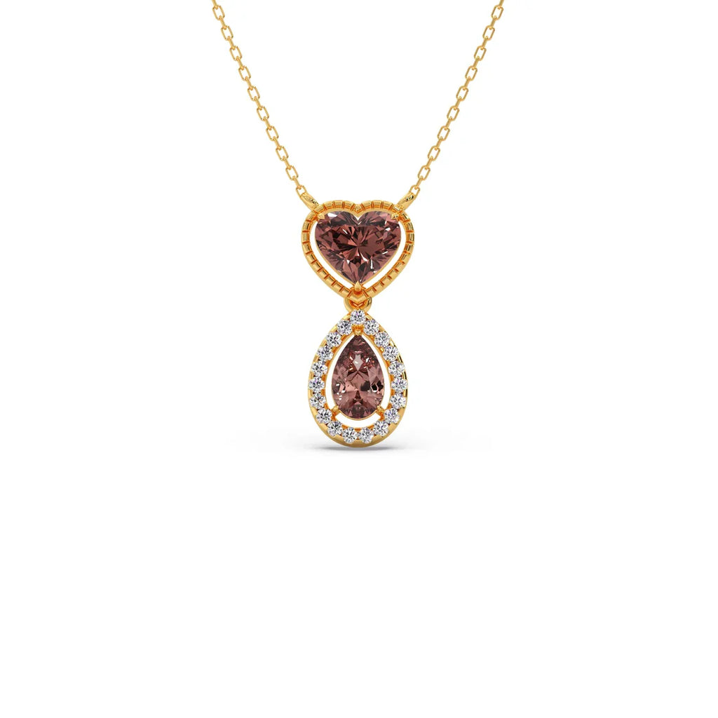 Brown Heart & Drop Pendant Necklace – Double Stone Gold Chain with Diamond Halo