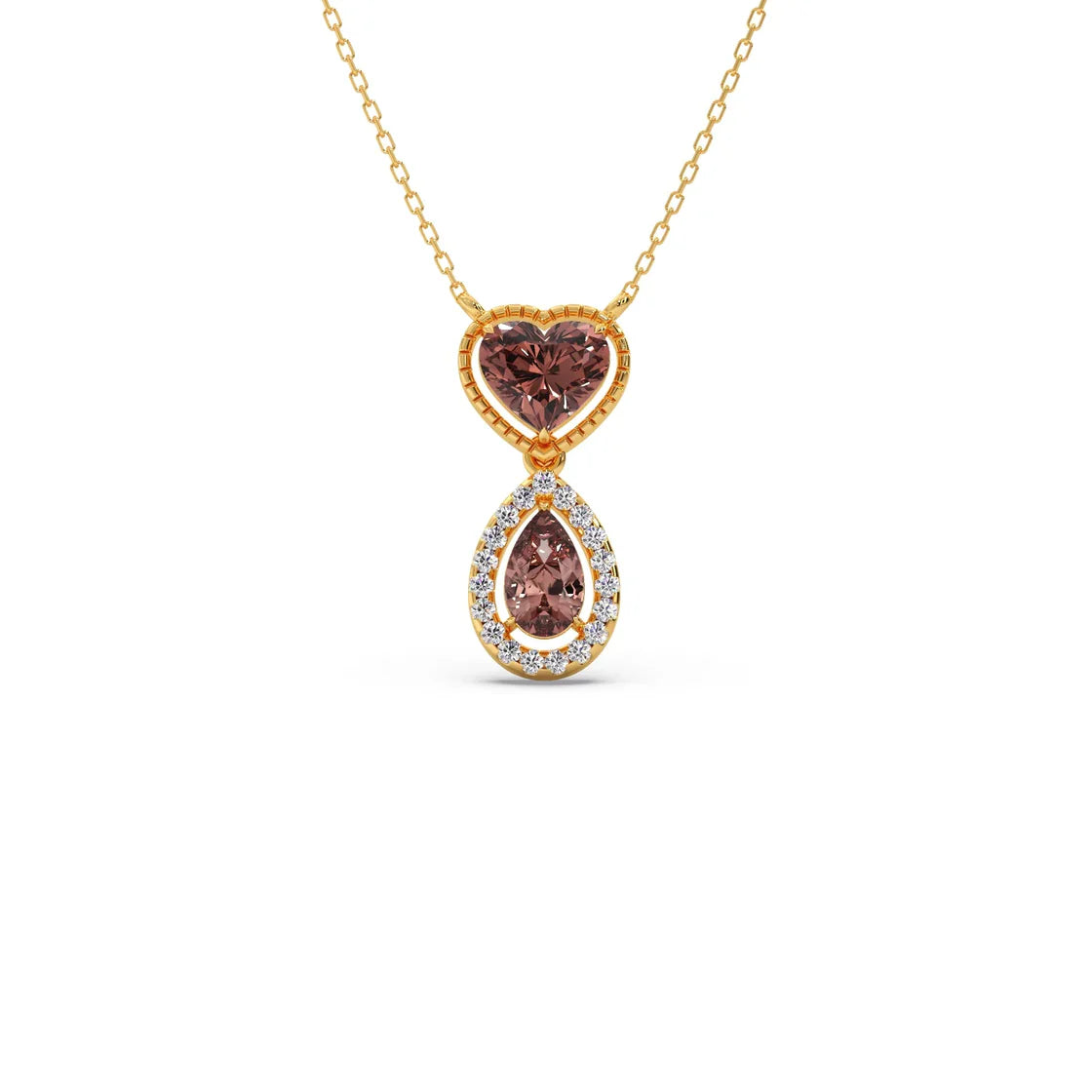Brown Heart & Drop Pendant Necklace – Double Stone Gold Chain with Diamond Halo