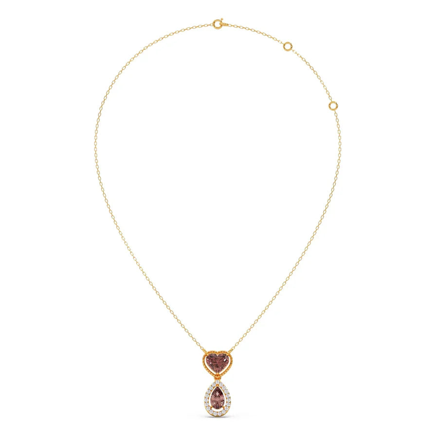 Brown Heart & Drop Pendant Necklace – Double Stone Gold Chain with Diamond Halo