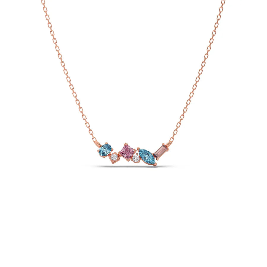 Multi-Shaped Gemstone Necklace in Yellow Gold – Pink & Blue Stone Pendant