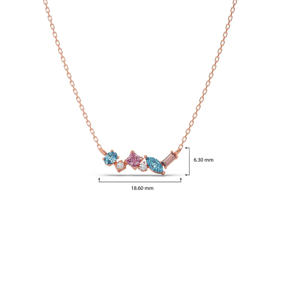 Multi-Shaped Gemstone Necklace in Yellow Gold – Pink & Blue Stone Pendant