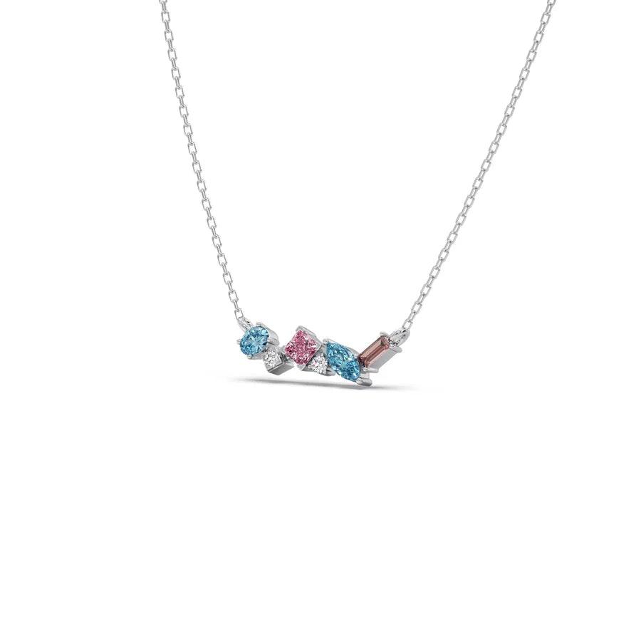 Multi-Shaped Gemstone Necklace in Yellow Gold – Pink & Blue Stone Pendant