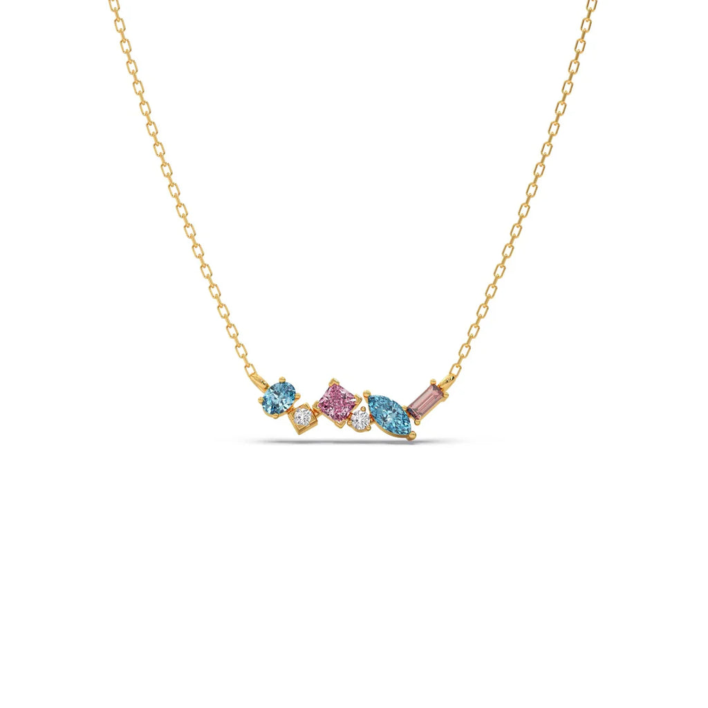Multi-Shaped Gemstone Necklace in Yellow Gold – Pink & Blue Stone Pendant