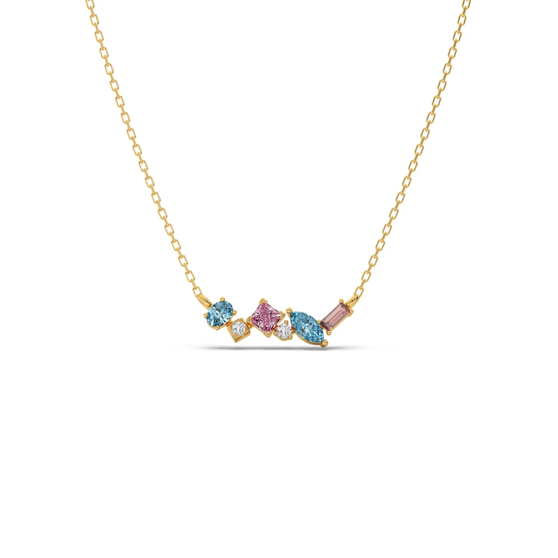 Multi-Shaped Gemstone Necklace in Yellow Gold – Pink & Blue Stone Pendant