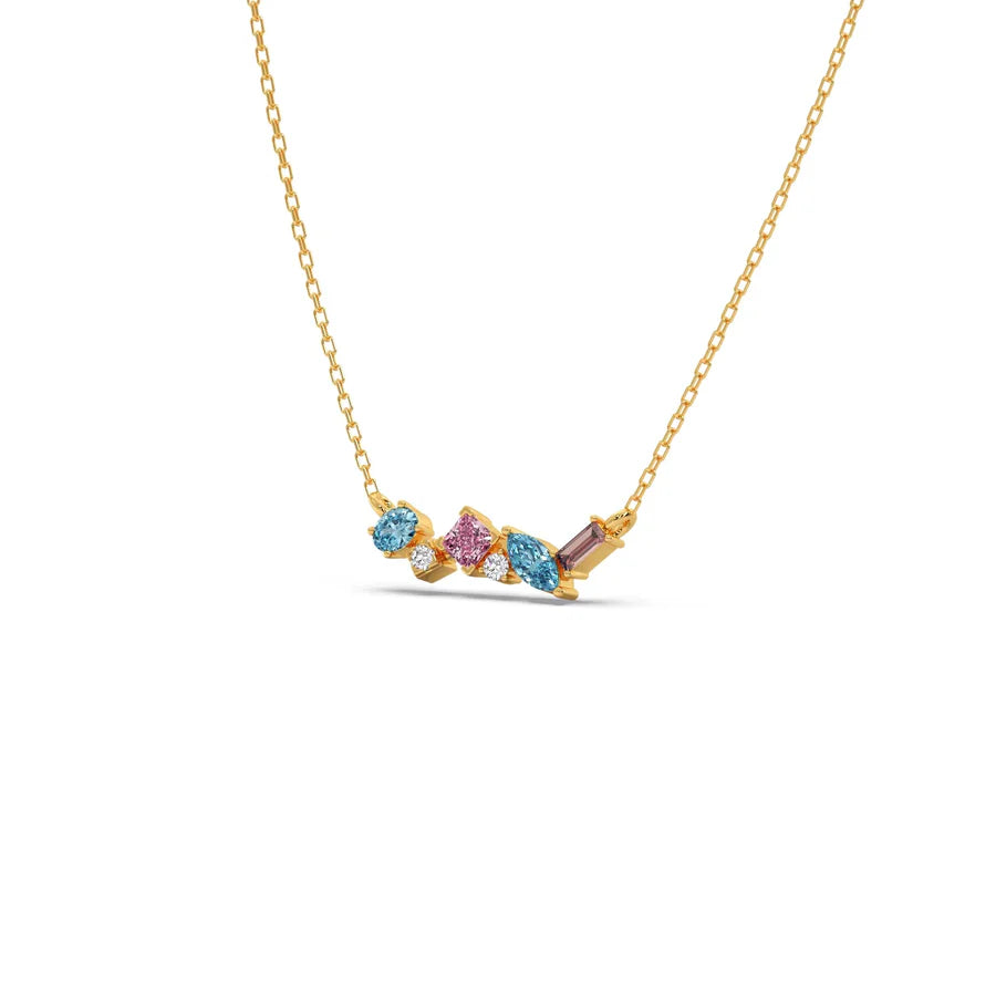 Multi-Shaped Gemstone Necklace in Yellow Gold – Pink & Blue Stone Pendant