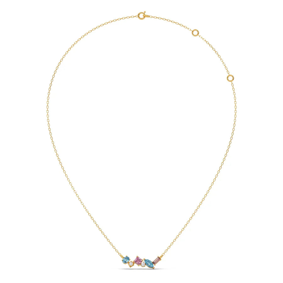 Multi-Shaped Gemstone Necklace in Yellow Gold – Pink & Blue Stone Pendant