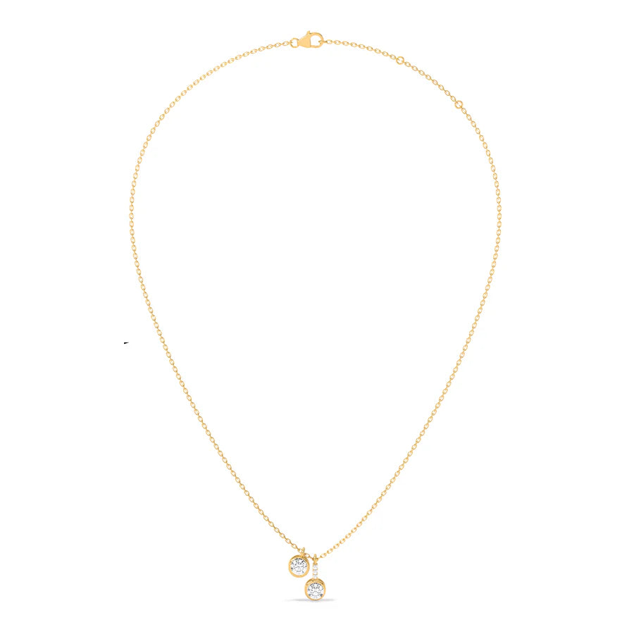 Double Round Diamond Drop Pendant Necklace in Yellow Gold