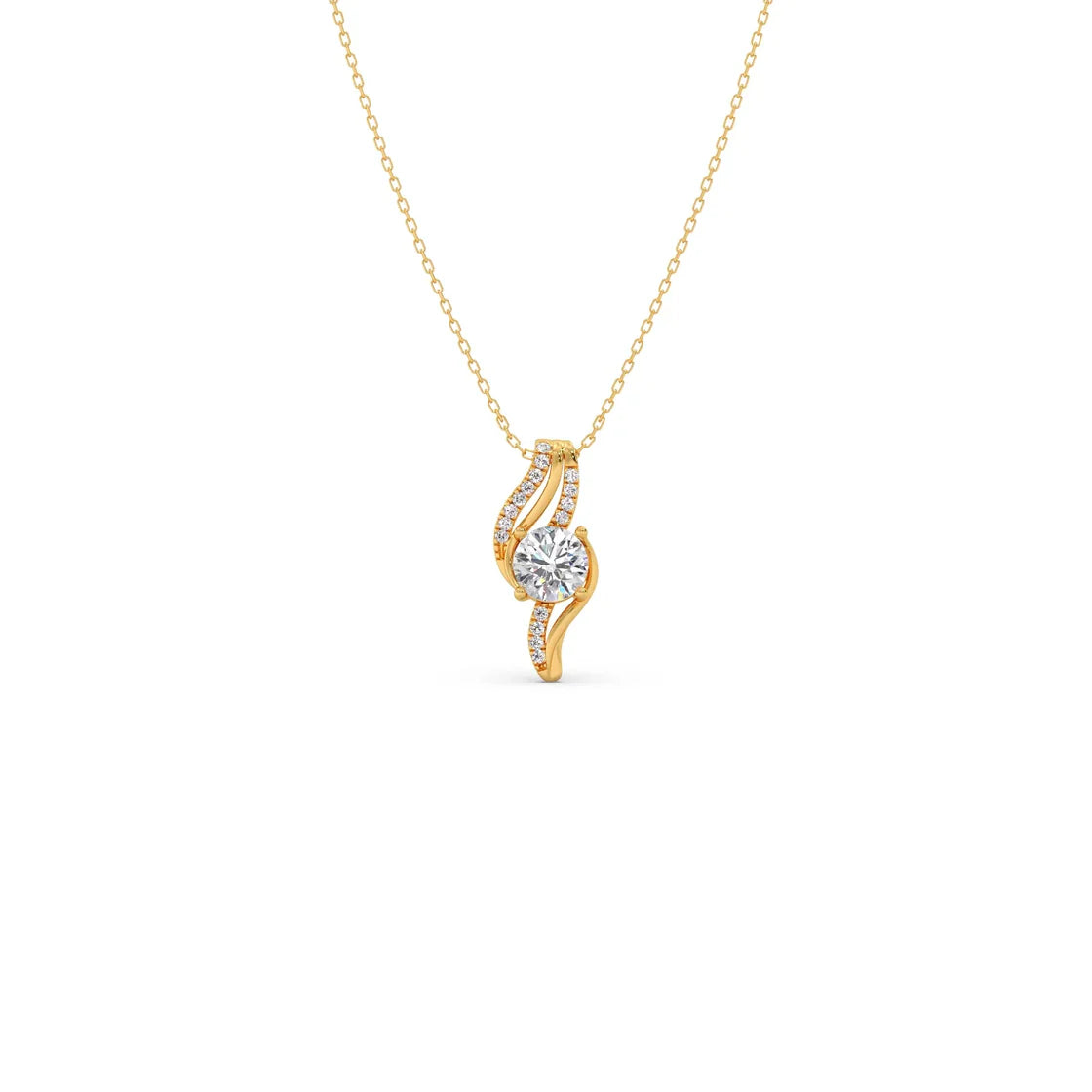 Swirl Diamond Pendant Necklace – Elegant Round Diamond in Curved Gold Design