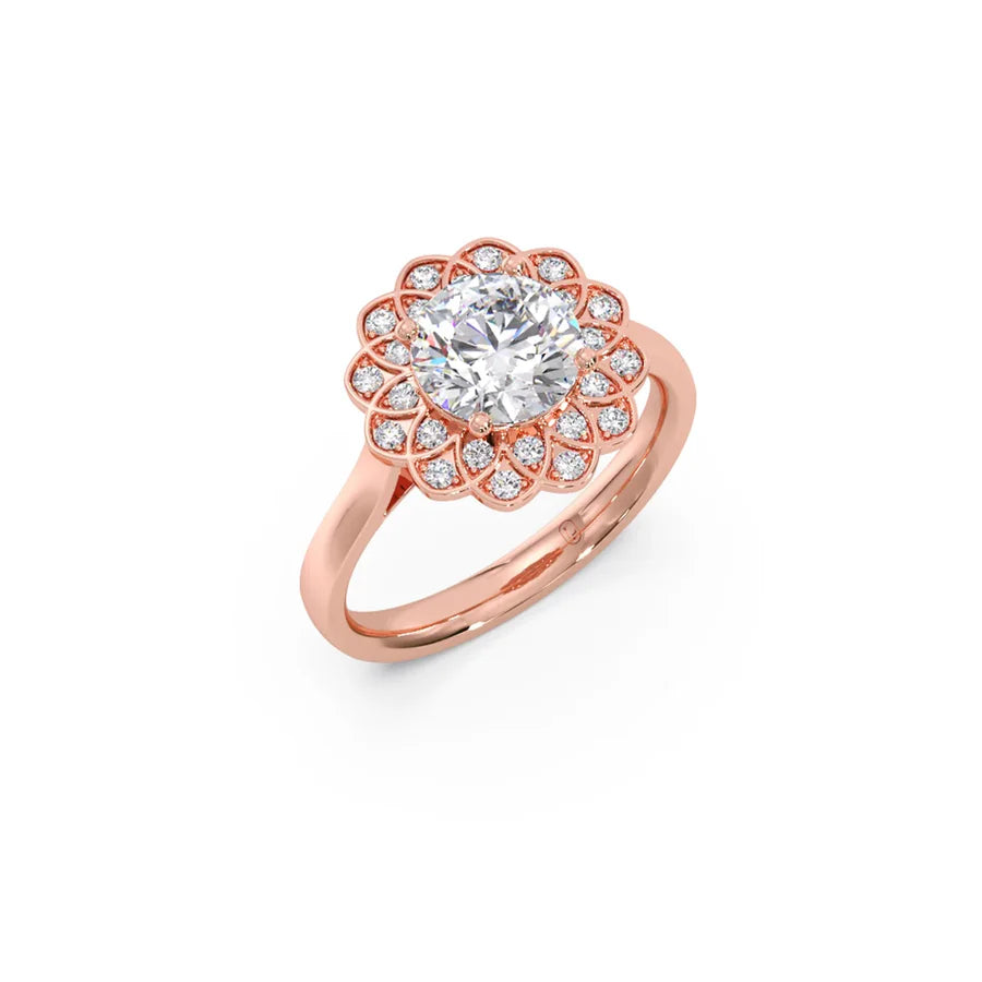 Floral Halo Diamond Ring in Yellow Gold – Unique Petal Design