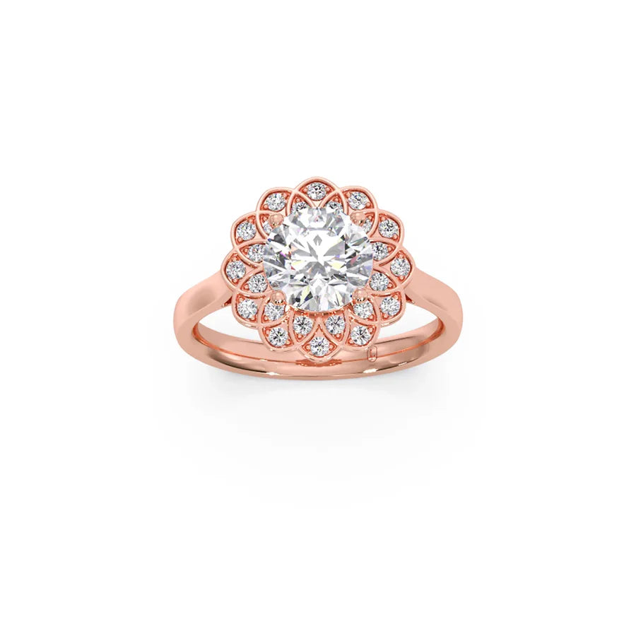 Floral Halo Diamond Ring in Yellow Gold – Unique Petal Design