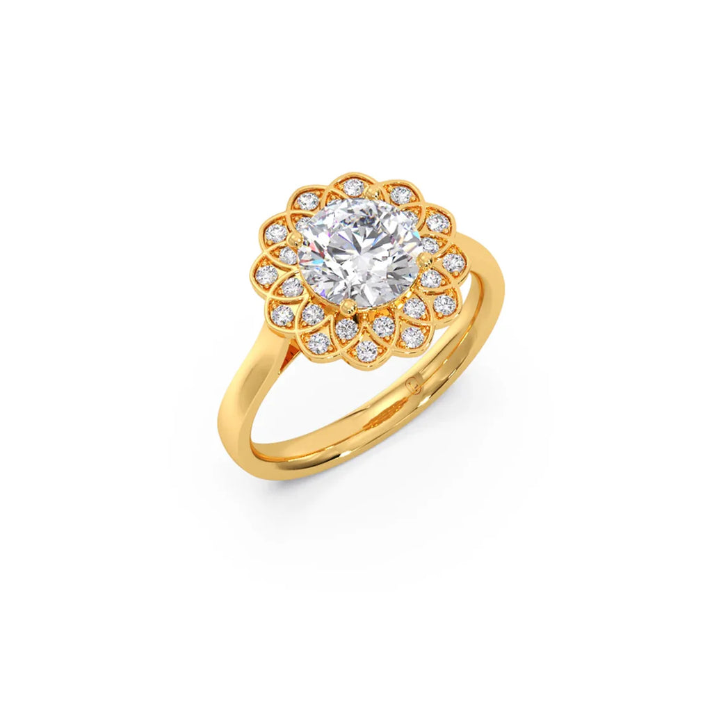 Floral Halo Diamond Ring in Yellow Gold – Unique Petal Design