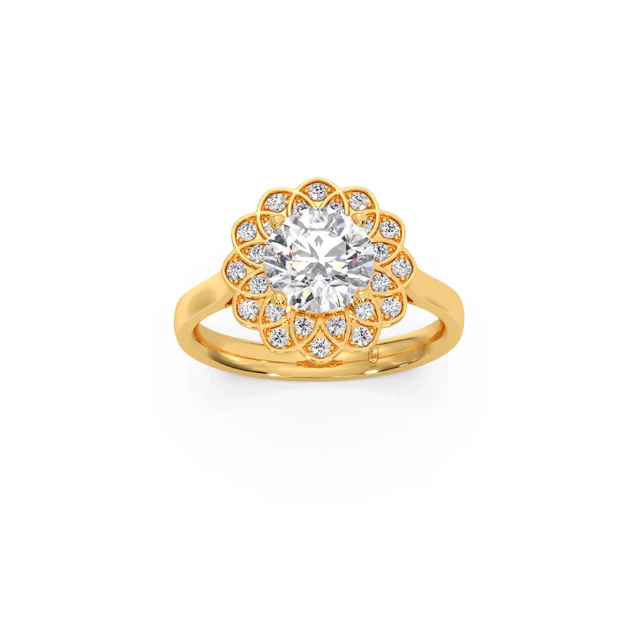 Floral Halo Diamond Ring in Yellow Gold – Unique Petal Design