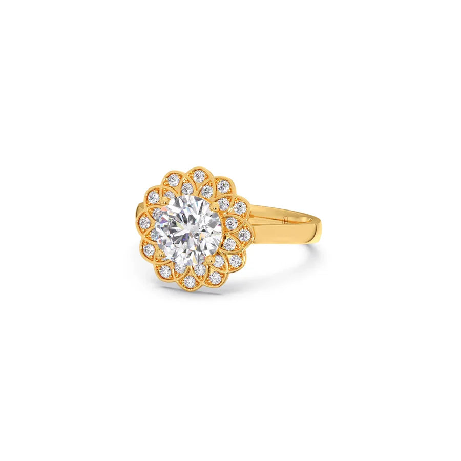 Floral Halo Diamond Ring in Yellow Gold – Unique Petal Design