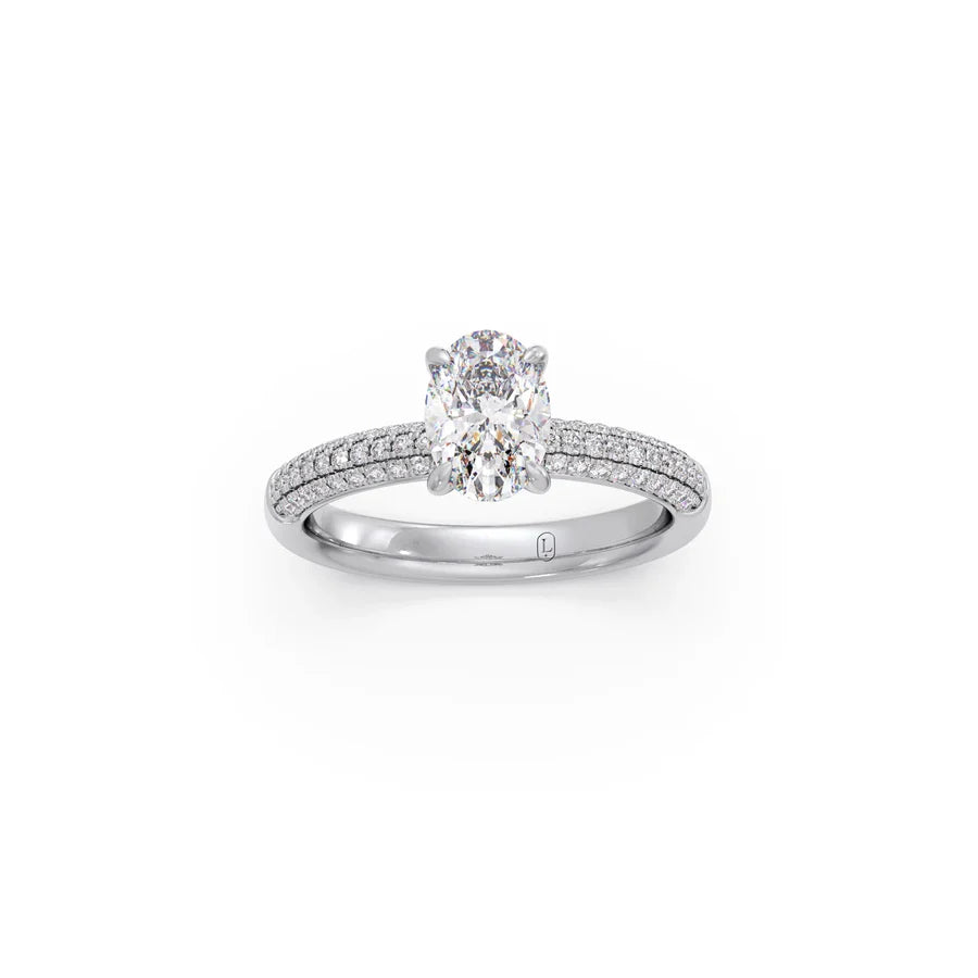 Oval Diamond Ring in White Gold – Triple Row Pavé Engagement Style