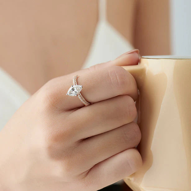 Marquise Diamond Engagement Ring in Yellow Gold – Pave Band Ring for Women