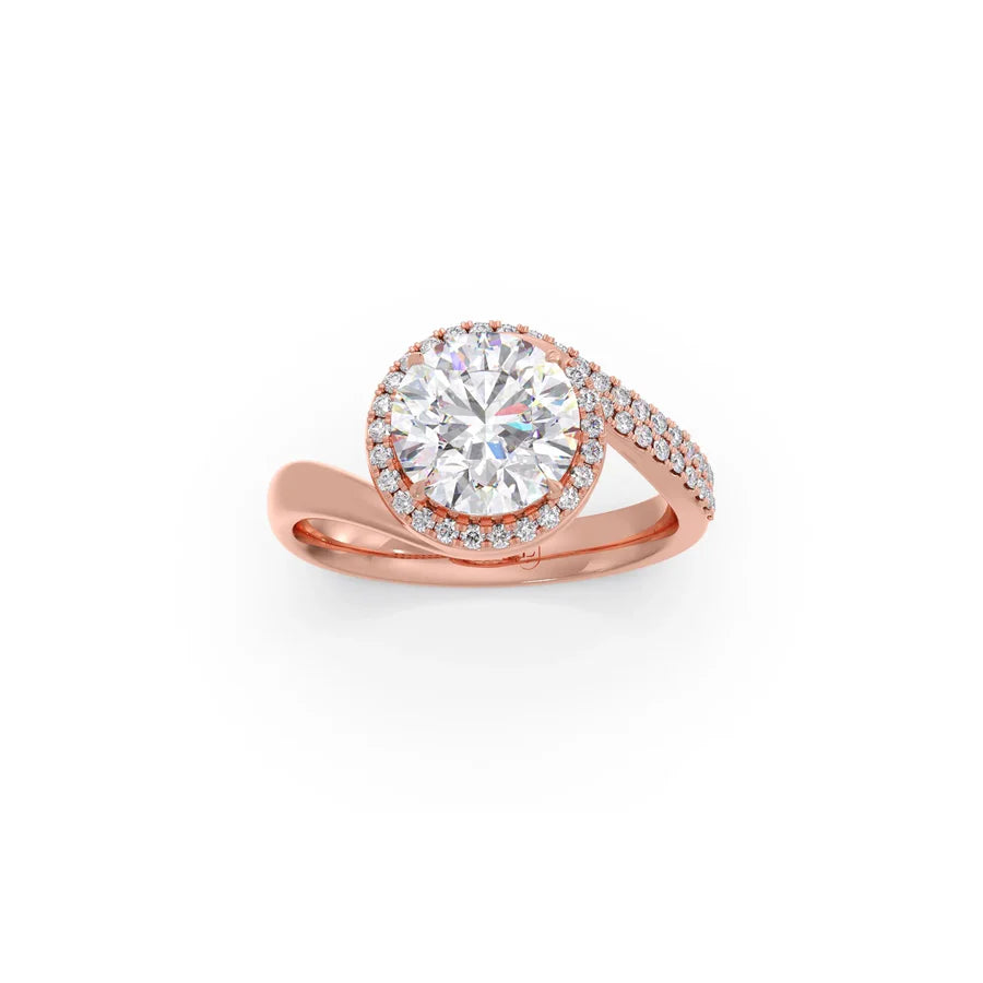 Rose Gold Swirl Diamond Halo Ring – Sparkling Round Cut Solitaire in Twisted Band