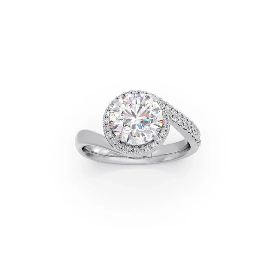 Rose Gold Swirl Diamond Halo Ring – Sparkling Round Cut Solitaire in Twisted Band