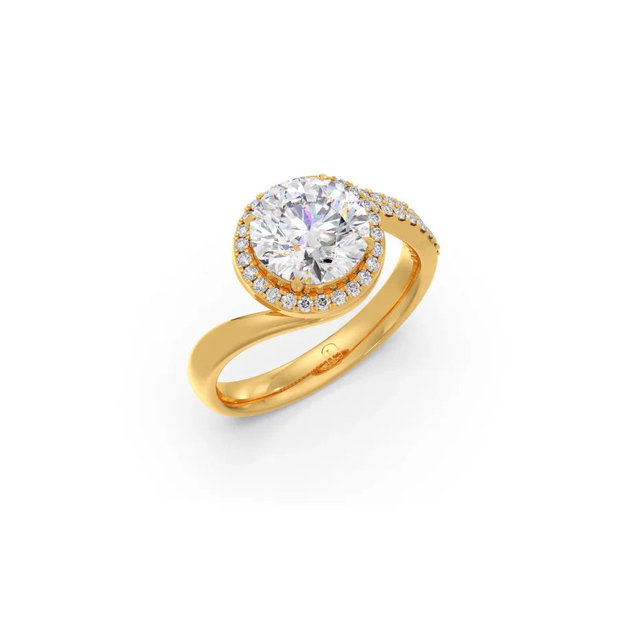 Rose Gold Swirl Diamond Halo Ring – Sparkling Round Cut Solitaire in Twisted Band