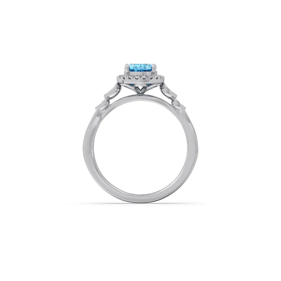 Blue Oval Gemstone Ring in Yellow Gold – Halo Diamond Design