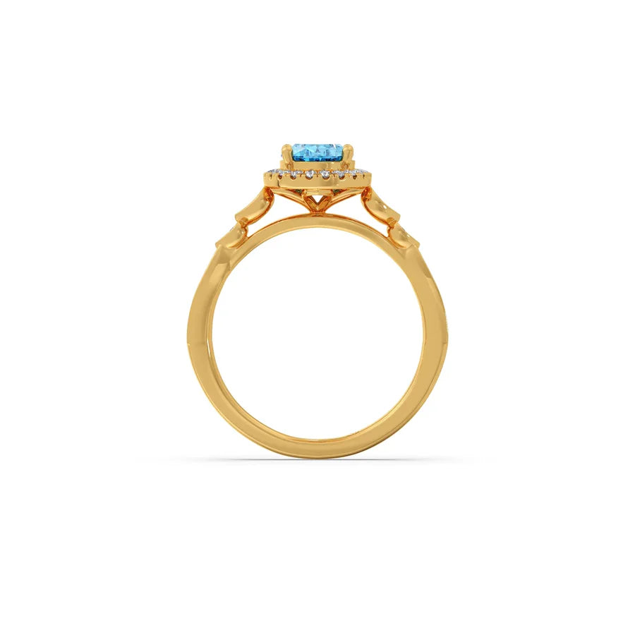 Blue Oval Gemstone Ring in Yellow Gold – Halo Diamond Design