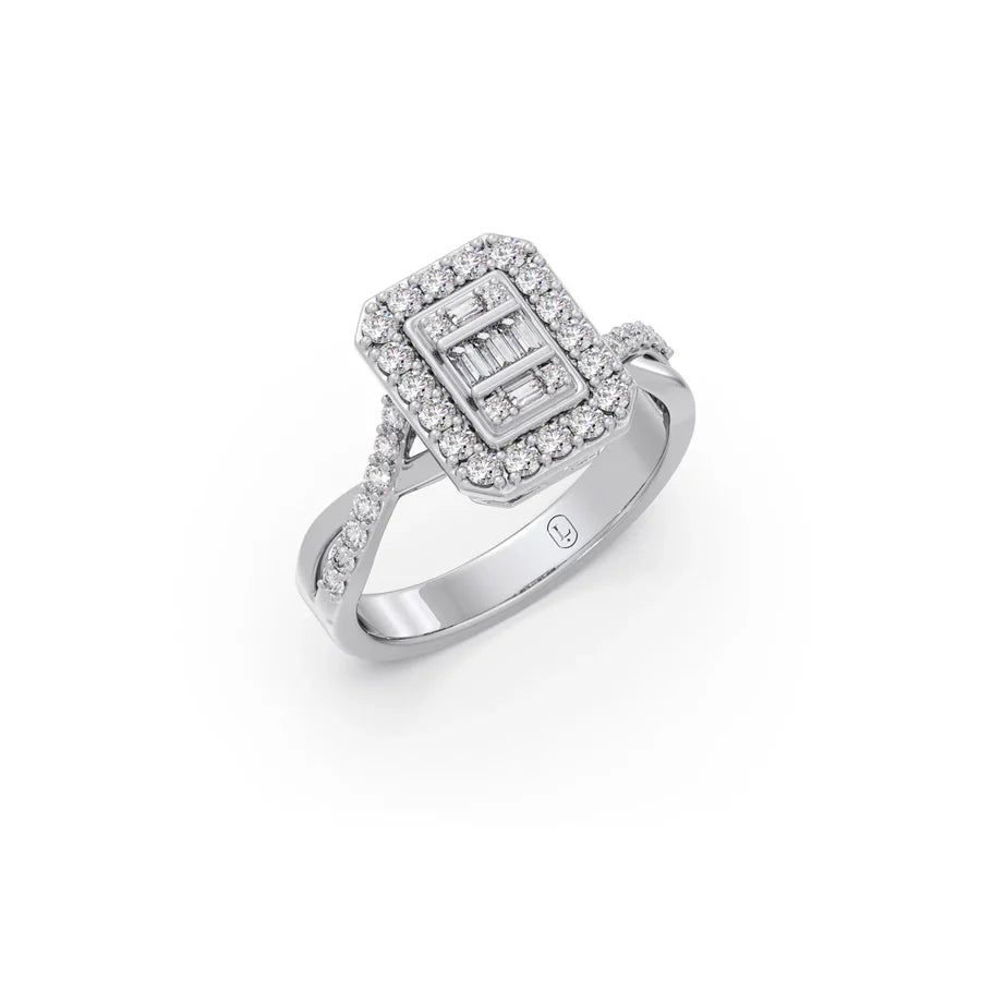 Geometric Diamond Ring for Women – Yellow Gold Rectangle Halo Style