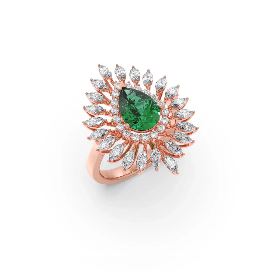 Emerald Statement Ring in Yellow Gold – Designer Peacock Style