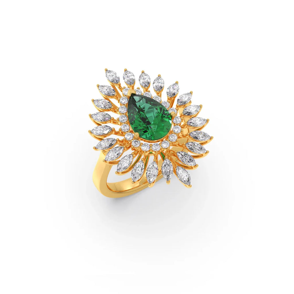 Emerald Statement Ring in Yellow Gold – Designer Peacock Style