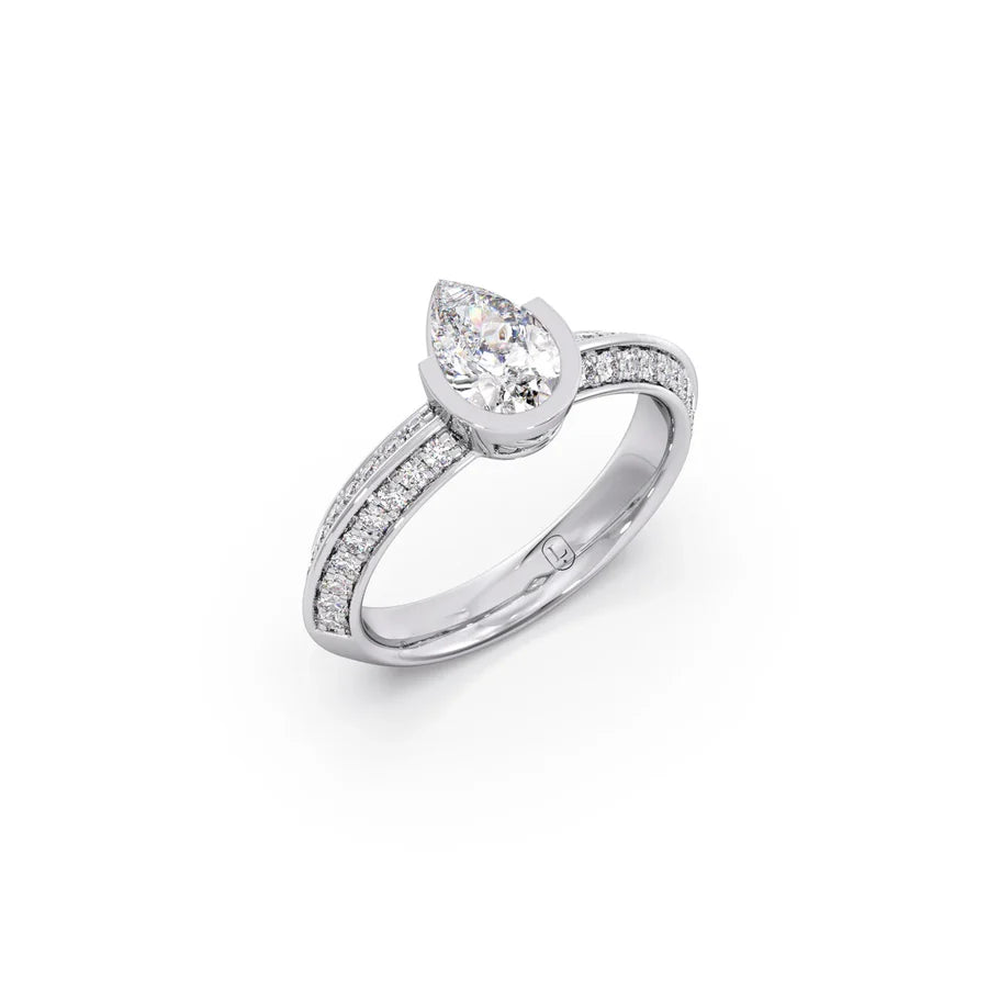 Pear Shaped Diamond Ring in Yellow Gold – Split Band with Halo Sparkle